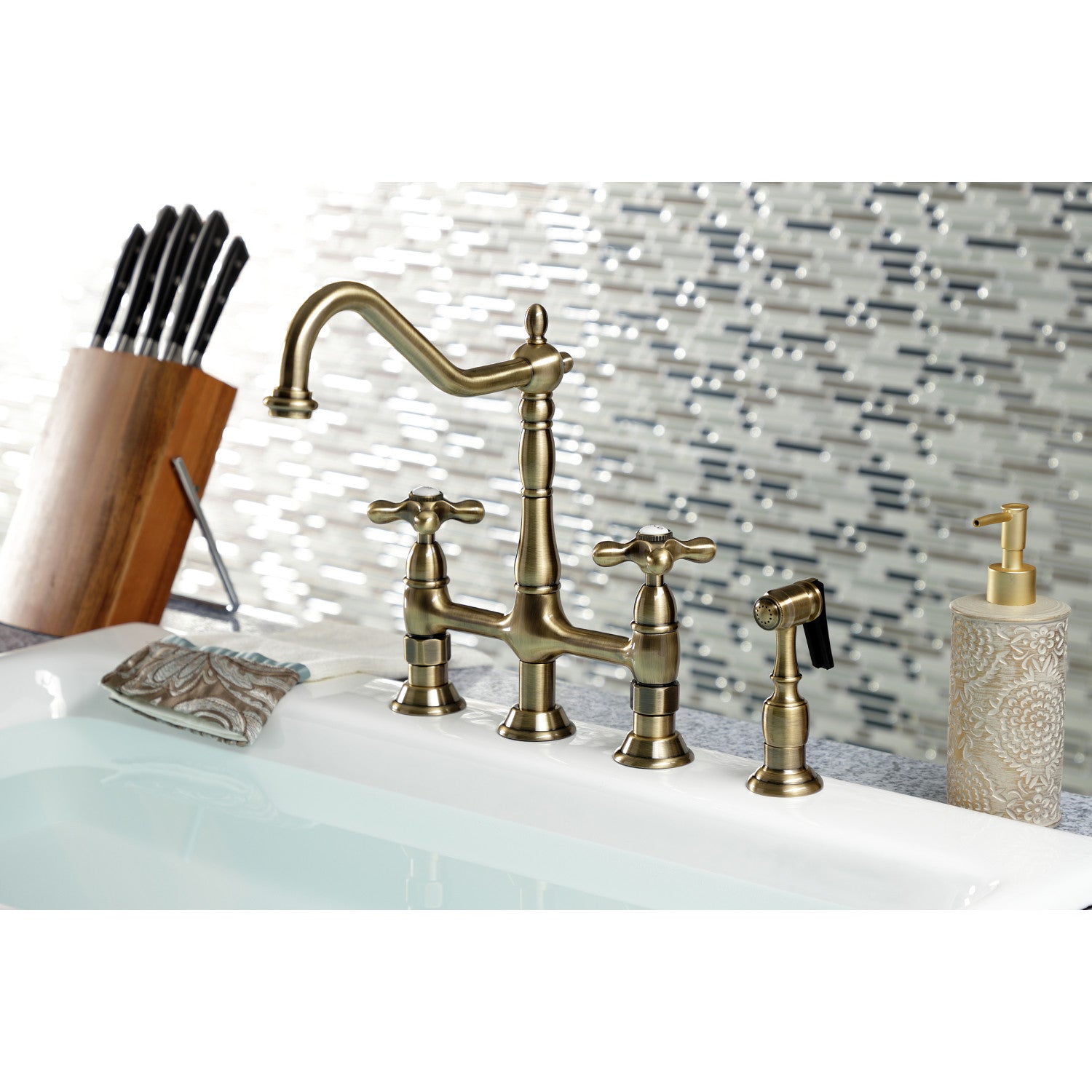 Kingston Heirloom KS1273AXBS - Heritage Two-Handle 4-Hole Deck Mount Bridge Kitchen Faucet with Brass Sprayer, Antique Brass — thumbnail 2